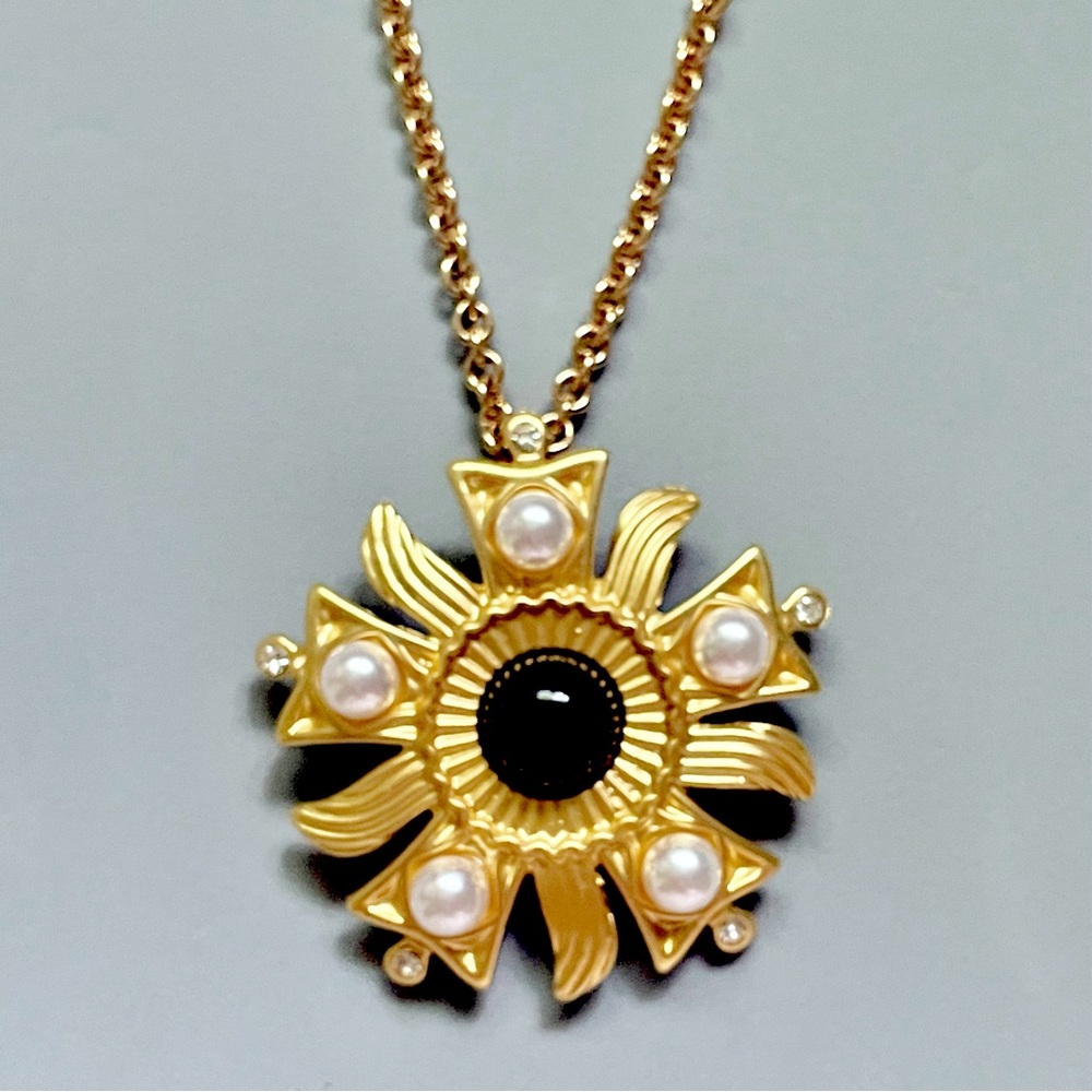 Kenneth Jay Lane Very Large Maltese Cross Necklace Brooch Gold Pearl Rope Chain